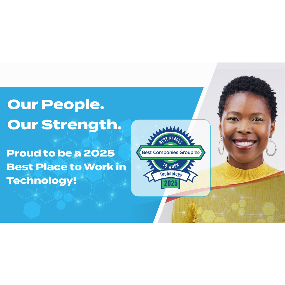 A smiling woman wearing a yellow sweater stands to the right of a graphic. The text reads, 'Our People. Our Strength. Proud to be a 2025 Best Place to Work in Technology!' A badge in the center says 'Best Places to Work 2025' from Best Companies Group. The background features a blue digital hexagon pattern.